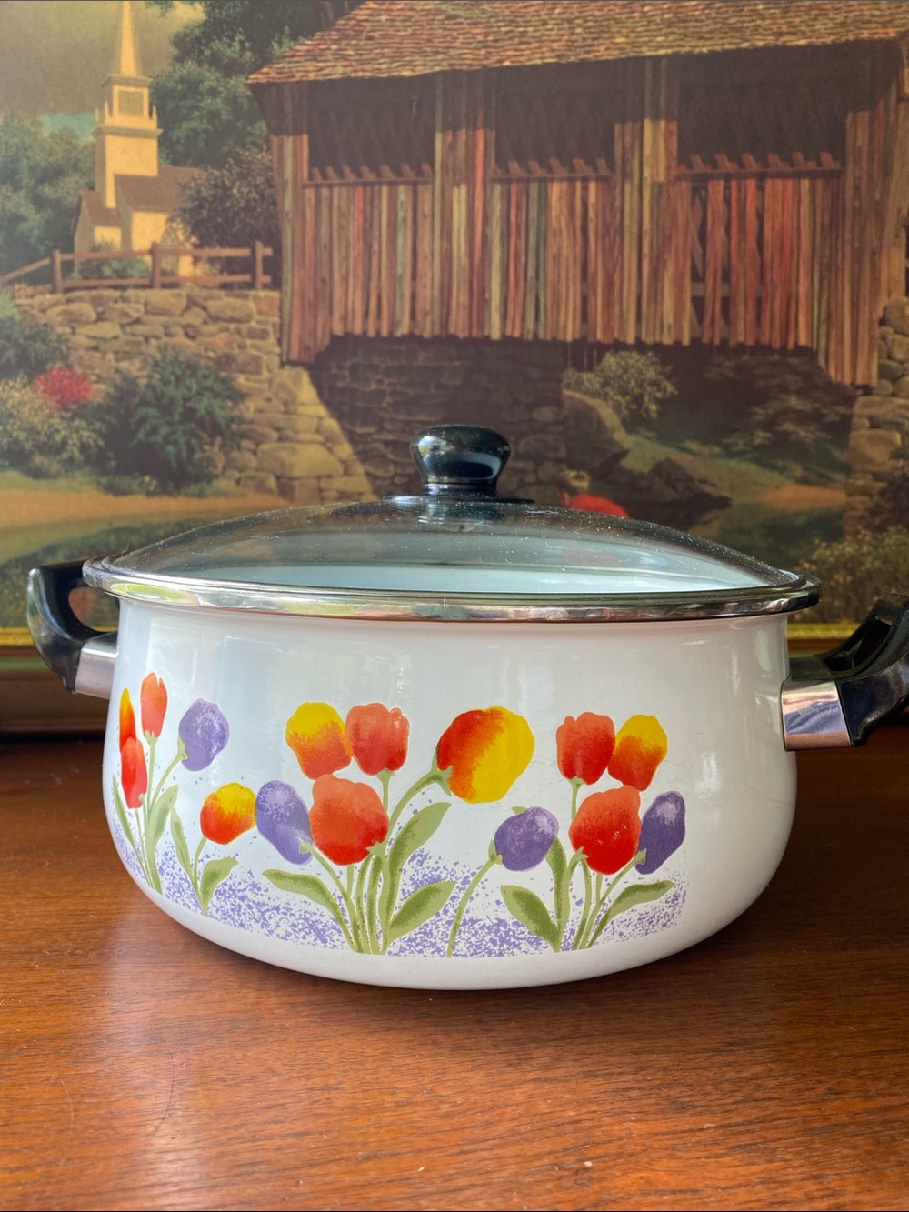 Spring Bouquet Enamel Stock Pot, “Tulip Tyme”